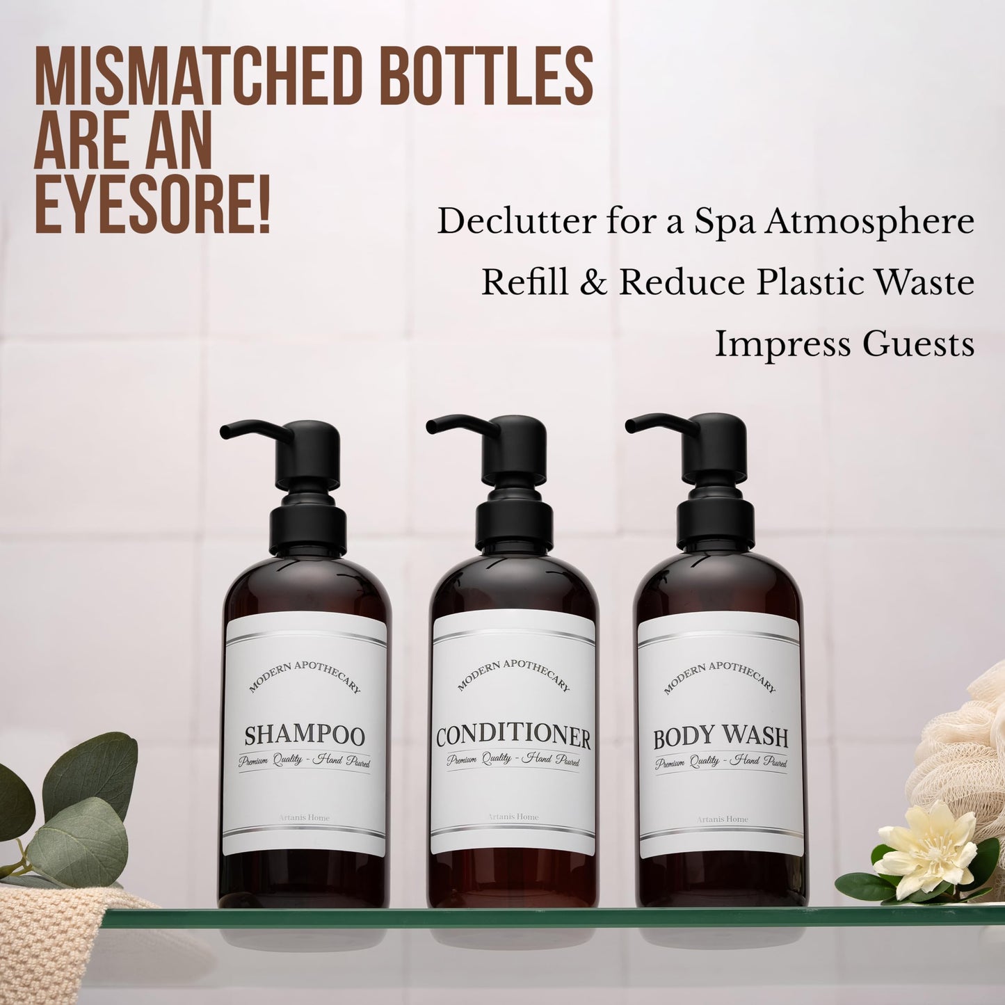 Amber Refillable Shampoo and Conditioner Bottles - Body Wash, Shampoo and Conditioner Dispenser - PET Plastic Shampoo Bottles Refillable with Pump - Waterproof Labels - 16 oz, 3 Pack (Black Satin)