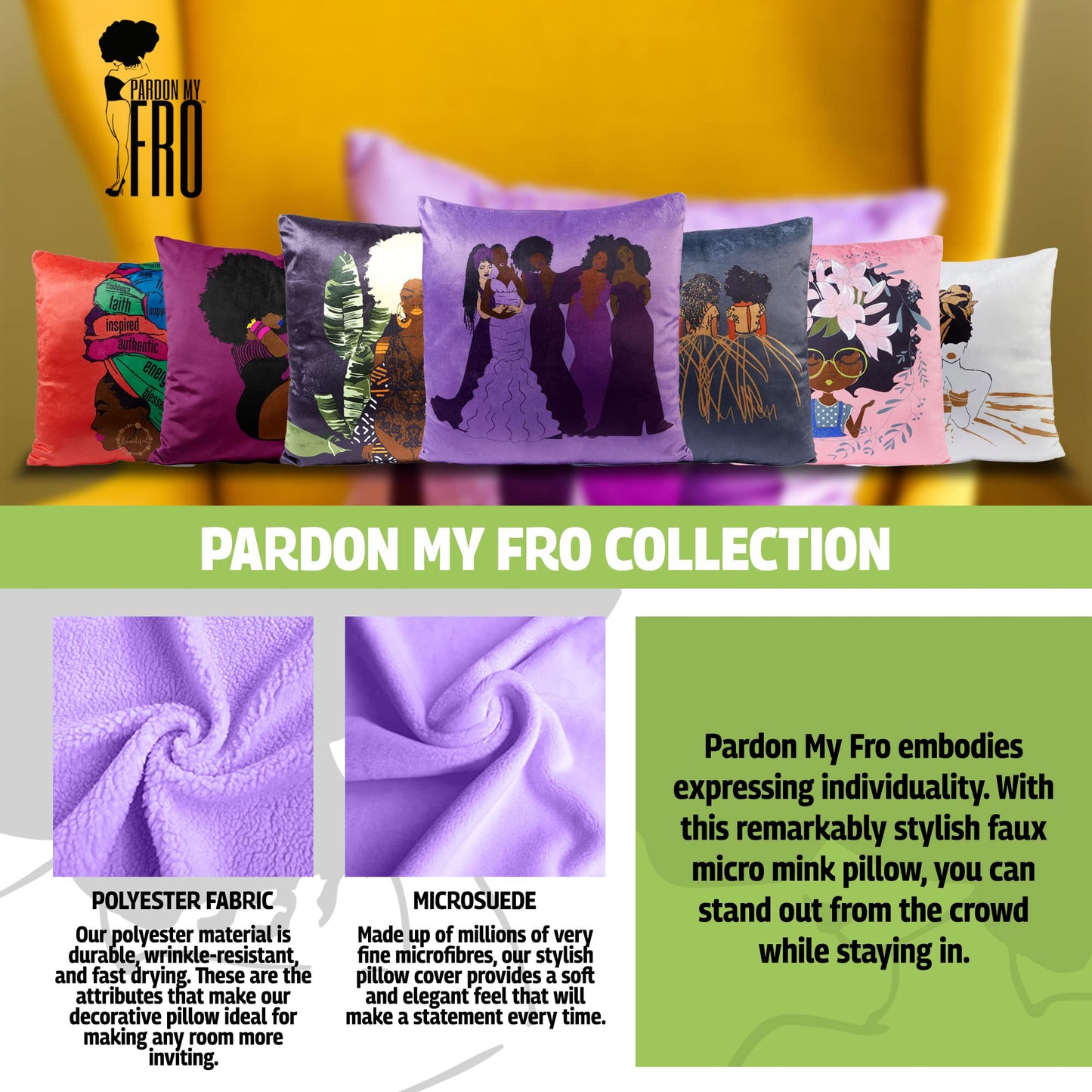 Pardon My Fro Ziggy Decorative Throw Pillow - Stylish Pillow Cover, Couch Pillow W/Beautiful Design Covers Made W/ 100% Polyester, Micro Minx Suede - Decorative Pillows for Home Decor, 18x18, Black