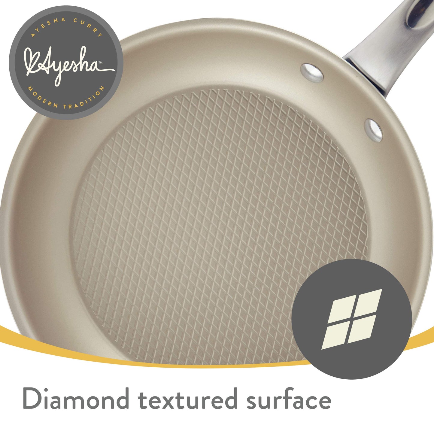 Ayesha Curry Home Collection Porcelain Enamel Nonstick Covered Deep Skillet With Helper Handle, 12 Inch Frying Pan, Glass Lid, Brown Sugar