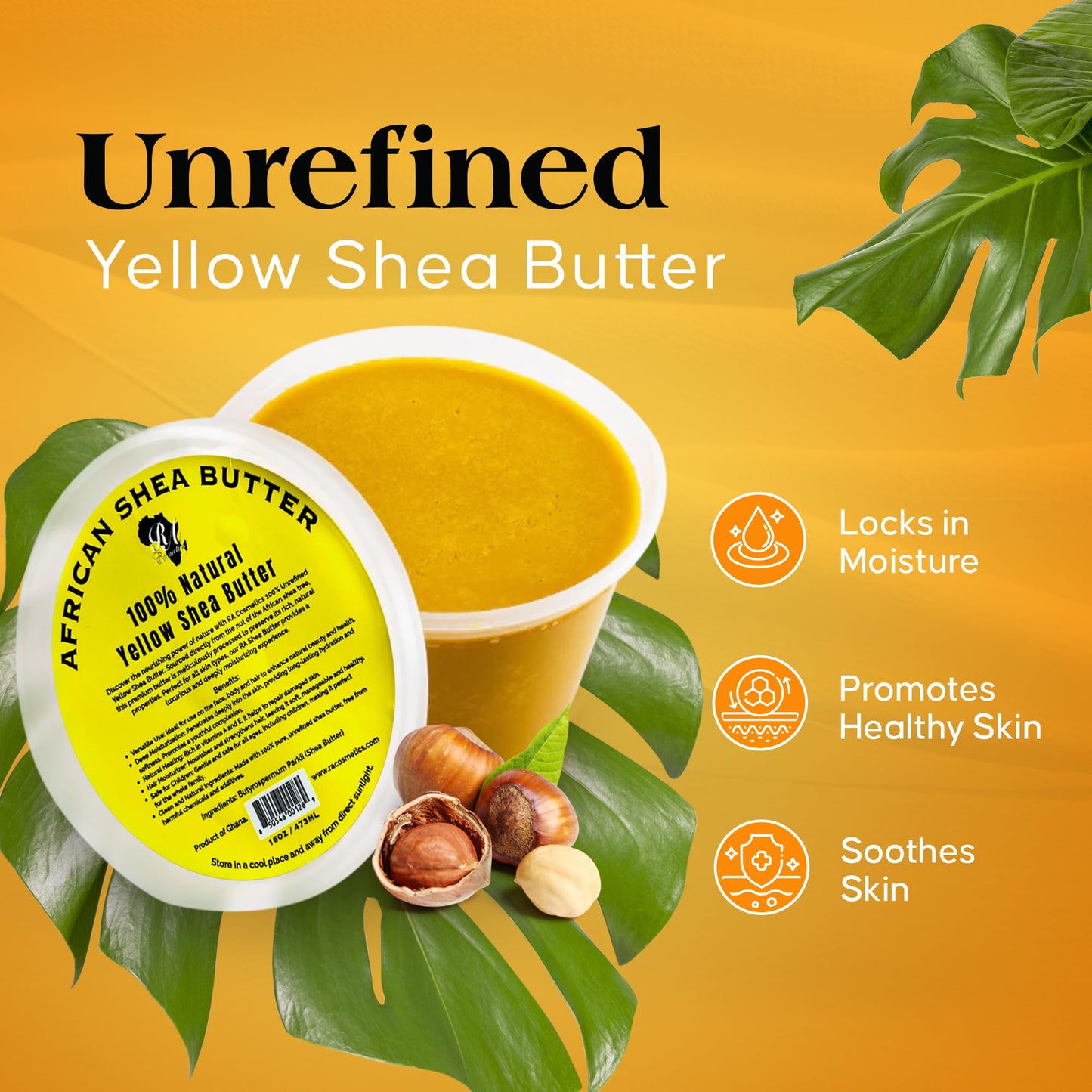 RA Cosmetics 100% Pure African Shea Butter, Golden - Unrefined, Raw African Luxury Head-to-Toe Moisture Miracle for Radiant Skin and Luscious Hair - Sourced from Ghana - 16 oz Jar