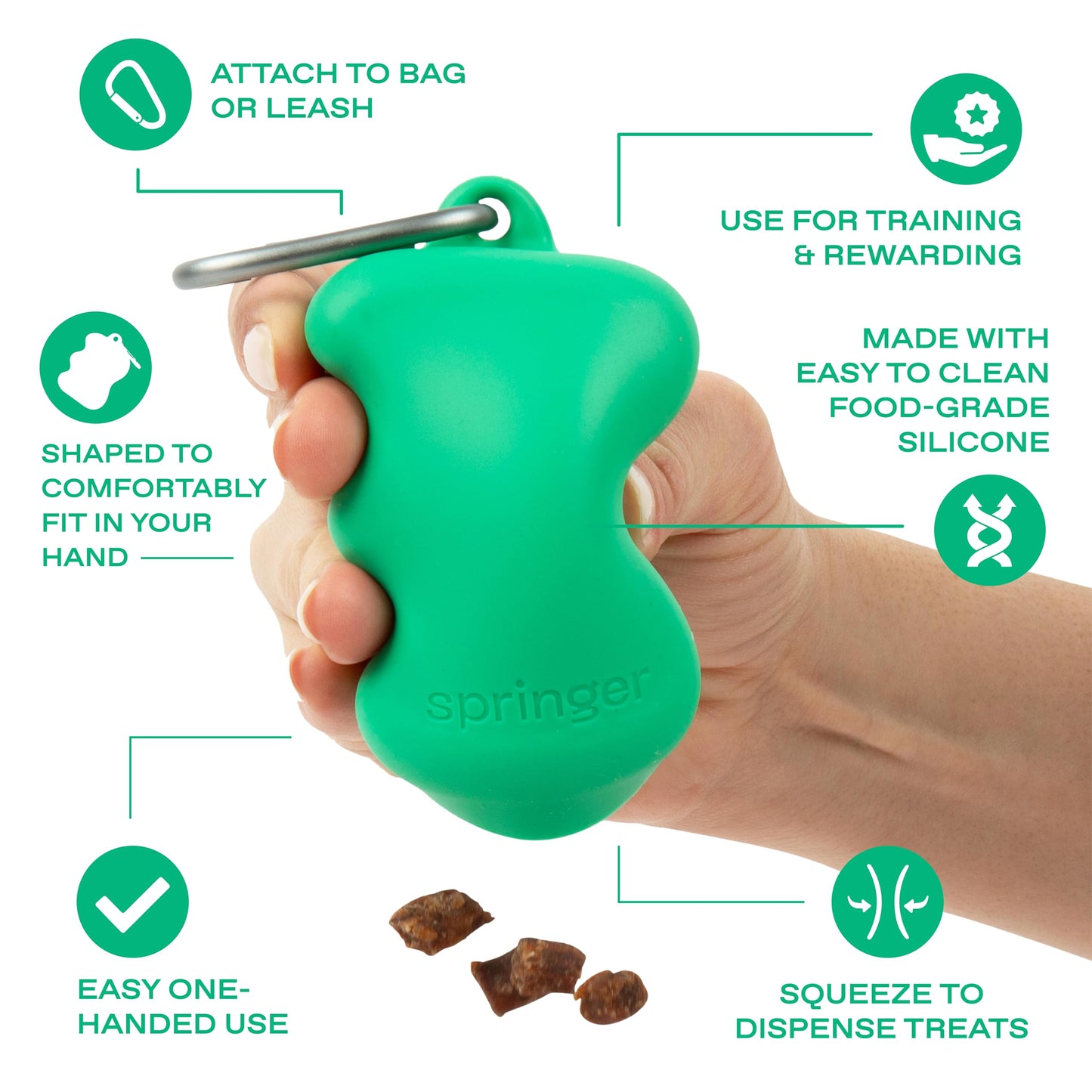 Springer Dog Treat Pouch for Effort-Free Squeeze Dispensing - Easy-fill, Food-Grade Silicone Treat Pouches for Pet Training - Includes Carabiner-Green