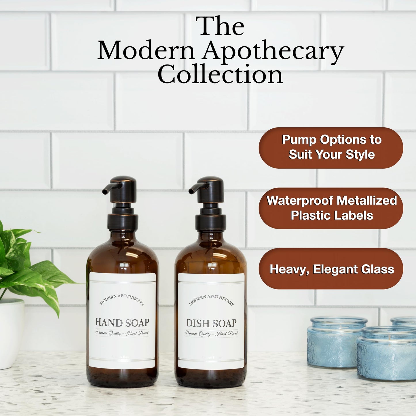 Artanis Home Amber Refillable Hand and Dish Soap Dispenser Set with Pumps for Kitchen Sink - Glass Boston Round Soap Bottles - Waterproof Labels - 16 oz - 2 Pack