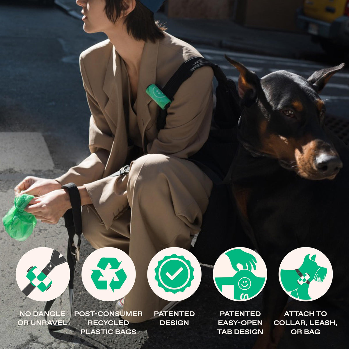 Springer Dog Poop Bag Dispenser + Roll - Springer Green - Bags made from 70% Post-Consumer Recycled Plastic | Designed with Easy-Open Tabs | Minimal Poop Bag Holder - No Dangle