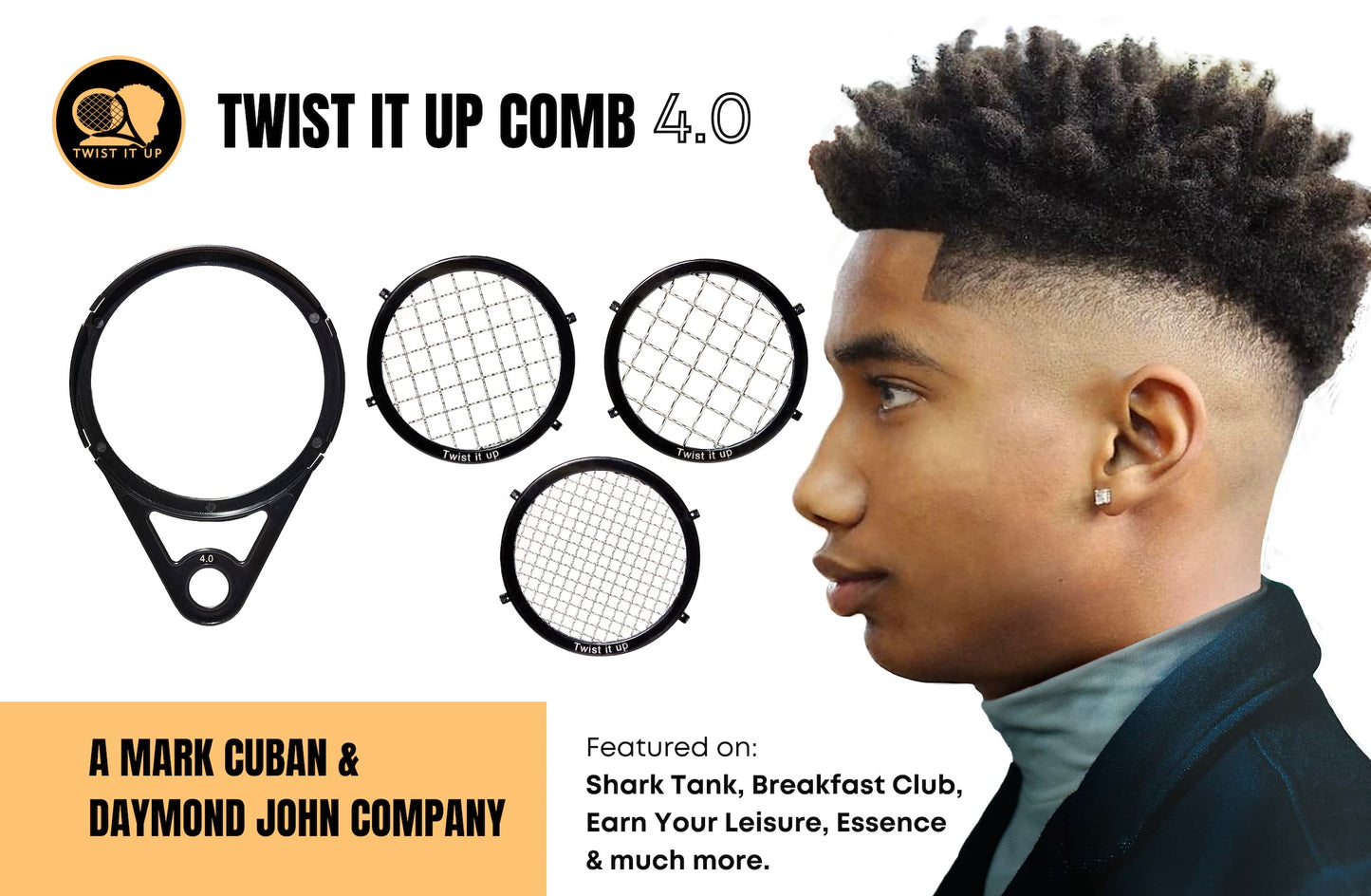Twist Up Comb 4.0 Trifecta - Hair Sponge Alternative for Black Men, Creates Curls and Twists, Tennis Racket Design