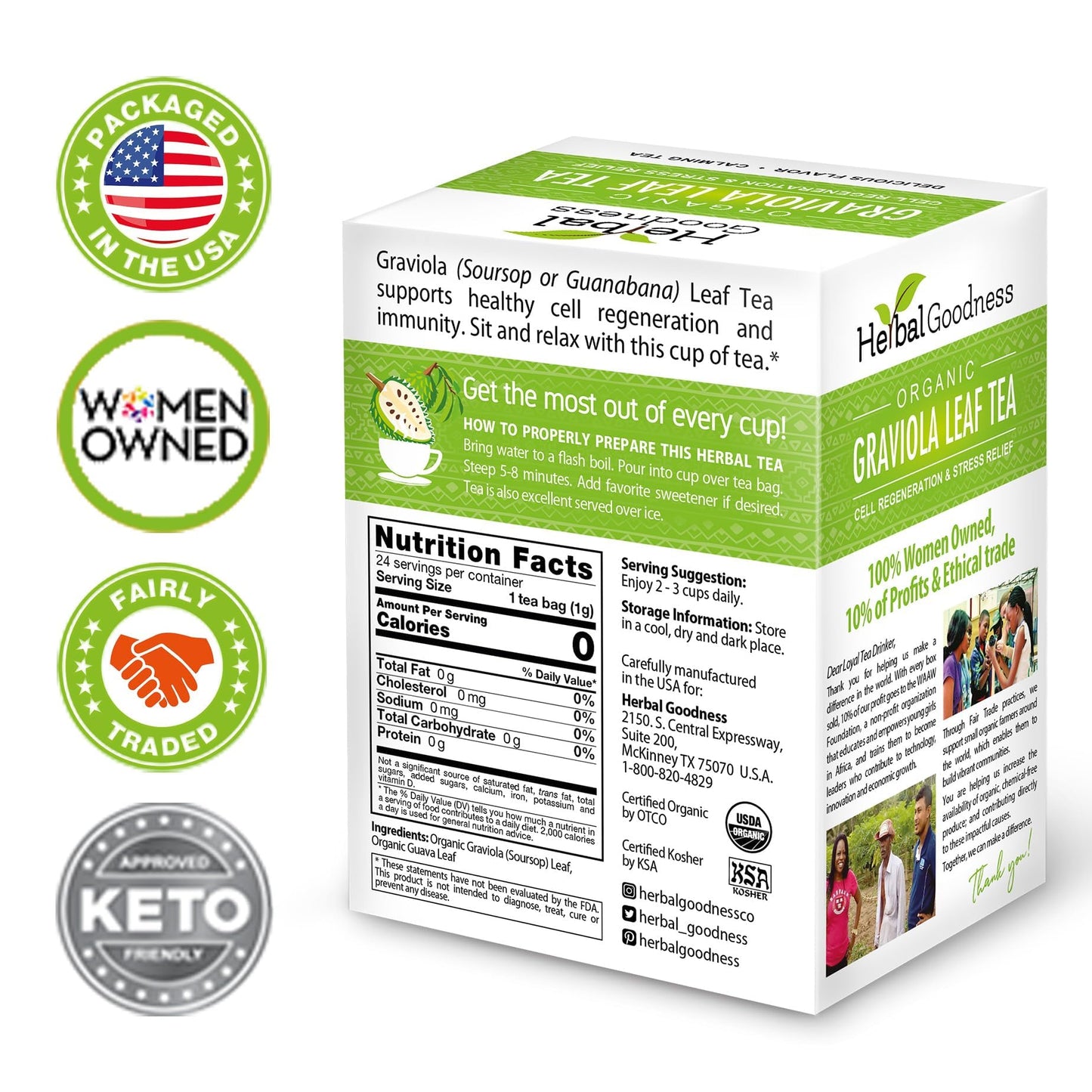 Graviola Leaf Soursop Tea - Organic Soursop Leaves | Hoja de Guanabana Leaves | Cell Support & Regeneration, Calm Relaxation - Caffeine Free - 24 Tea Bags - Herbal Goodness