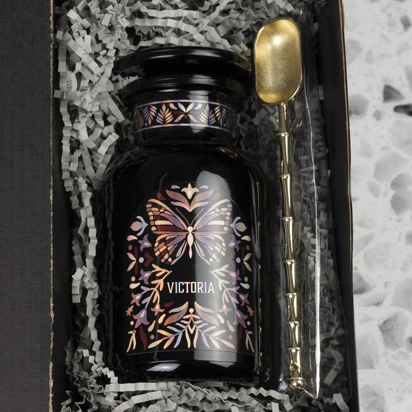 Artanis Home Custom Ultraviolet Glass Apothecary Jar, Gift for Tea Lovers, Airtight Glass Storage for Tea, Herbs, and Spices, with Lid, Custom Gift Box, and Spoon for Home Apothecary, 250 ml