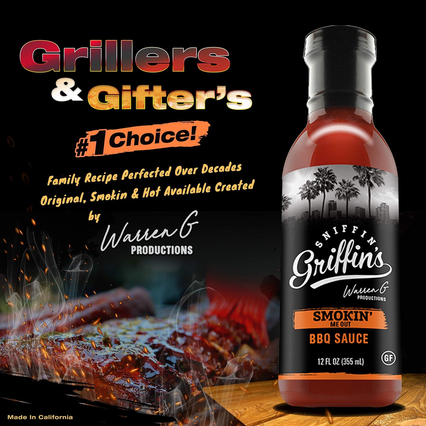 Sniffin Griffin's Smokin BBQ Sauce - Sweet Medium Barbecue - Smoked Red Pepper Chili Sauce - Tangy & Savory Flavor - Ideal for Grilling, Dipping and Marinating - Warren G's Gourmet Condiment (12fl oz)