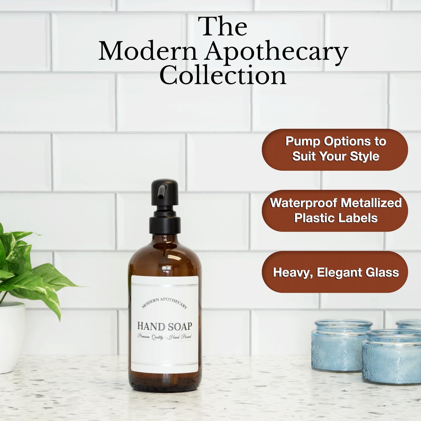 Artanis Home Amber Refillable Hand Soap Dispenser with Pump for Kitchen, Bathroom Sink - Glass Boston Round Soap Bottle - Waterproof Label - 16 oz