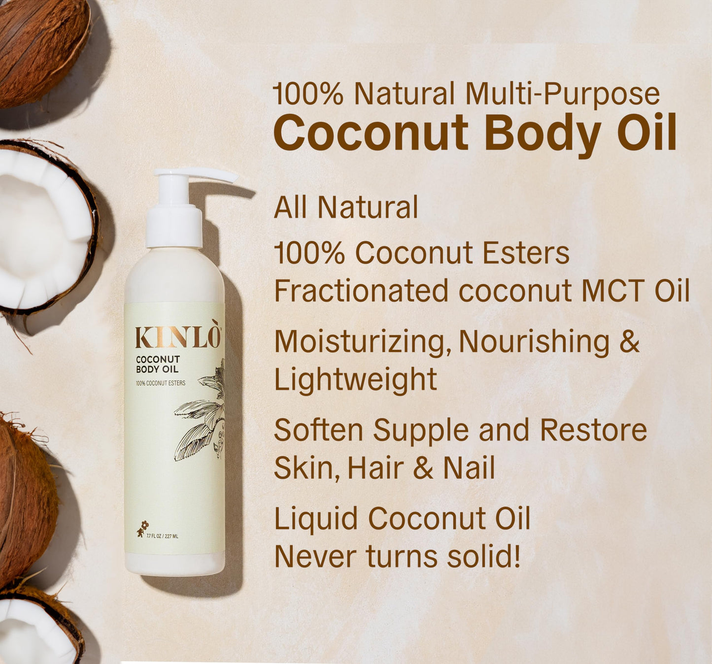 Kinlo Coconut Body Oil | 100% Pure Fractionated Coconut Oil MCT with Vitamin E | Liquid Moisturizer for Skin & Hair | Made in USA | Black-Owned Brand