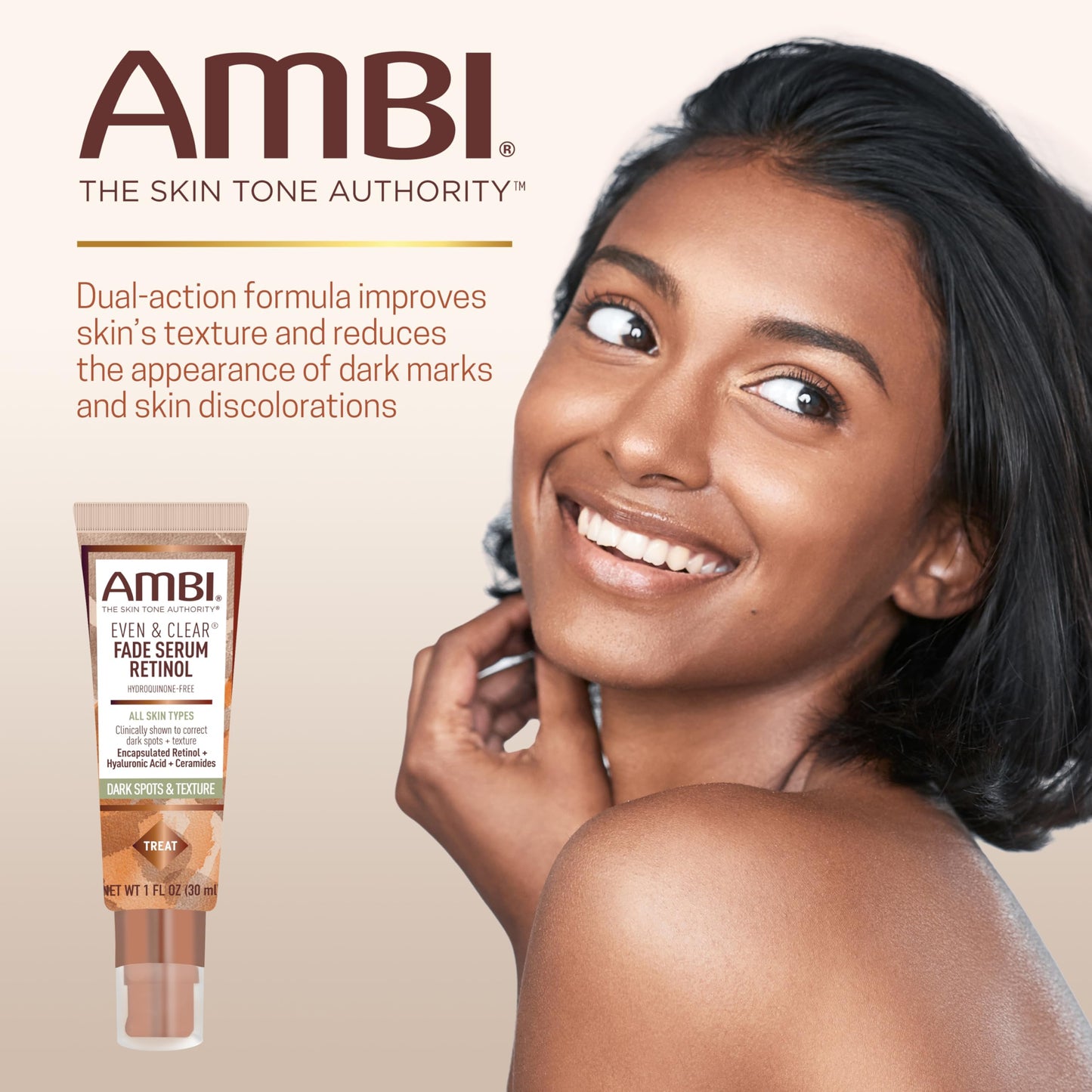 Ambi Even & Clear Fade Serum, Hyperpigmentation Treatment, Hydroquinone-free, Dark Spot Corrector, Results In As Little As 4 Weeks, Retinol, Hyaluronic Acid, Niacinamide, Ceramides, 1 Fl Oz