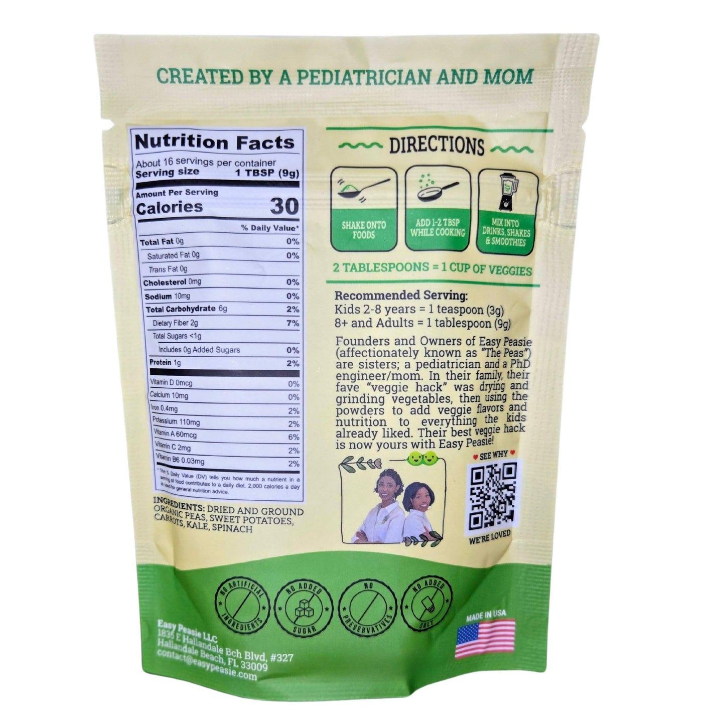 Easy Peasie Organic Veggie Powder Blends for Kids and Picky Eaters | Kids Greens Powder/Vegetable Powders including protein from green peas, spinach, and kale (Green 5oz Pouch)