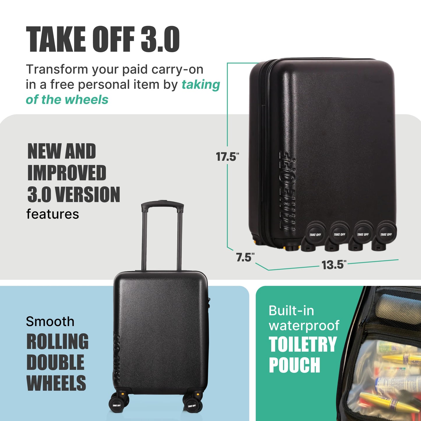 TAKE OFF Luggage 3.0 - Personal Item, 18x14x8 Inches, Underseat Suitcase with Removable Wheels, Hard Shell Luggage, Small Carry On Overnight Weekender, Airport & Travel Essentials, TSA Approved, Black