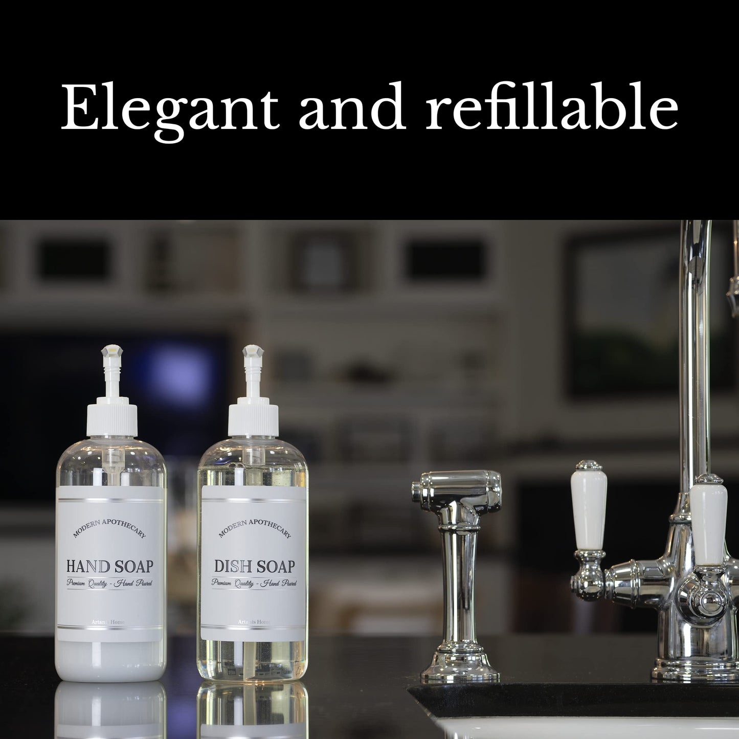 Clear Refillable Hand and Dish Soap Dispenser Set with Pumps for Kitchen Sink - PET Plastic Soap Bottles Refillable with Pump - Waterproof Labels - 16 oz, 2 Pack (White Plastic)