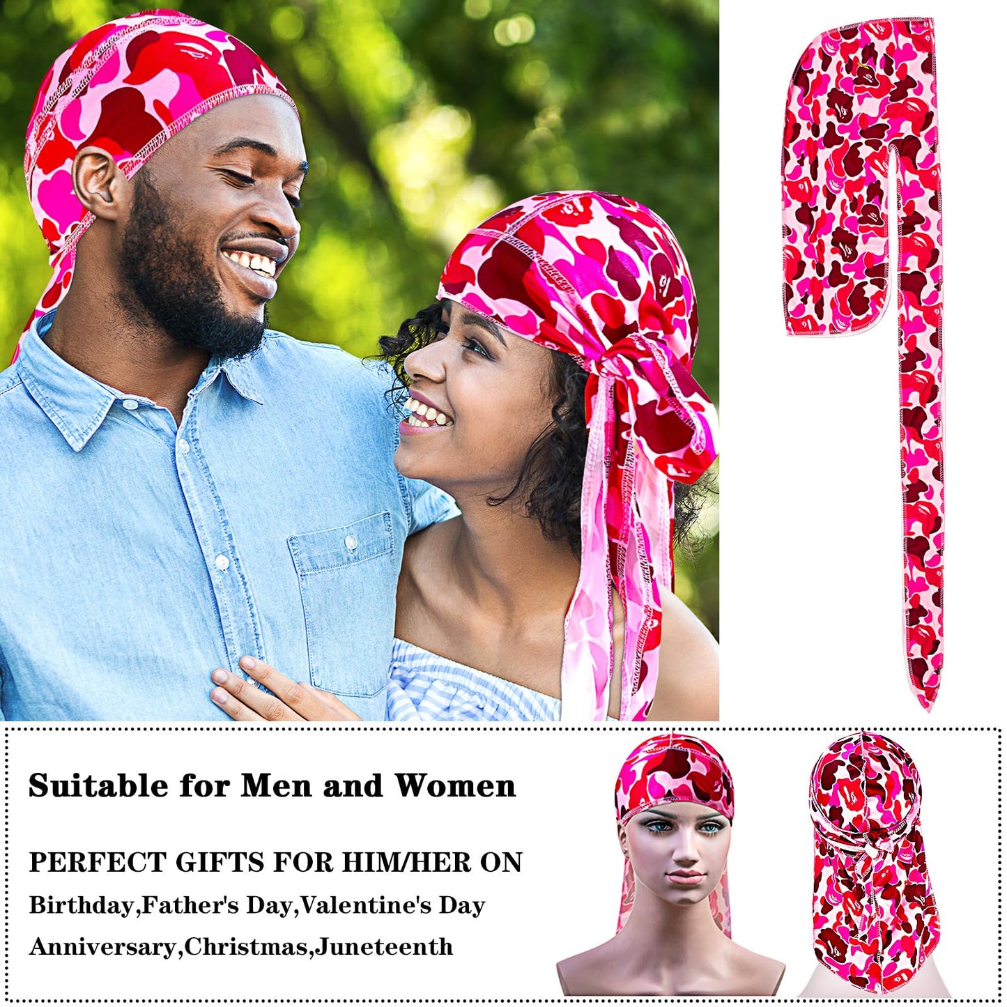 Durag for Men Fashion Do Rag with Long Tail Durag Breathable Bandana Hat Dreadlocks Holder Hoodie Durage Wave Cap Pink Camouflage