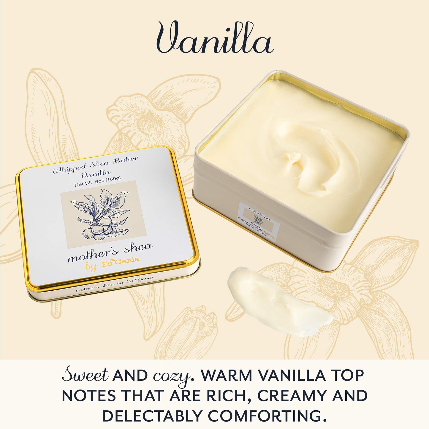 Mother's Shea Whipped Shea Butter (Vanilla, 6 Oz Tin) 100% Pure Raw Unrefined African Shea - Organic, Sustainably-Sourced Ingredients - Natural Skin & Hair Care