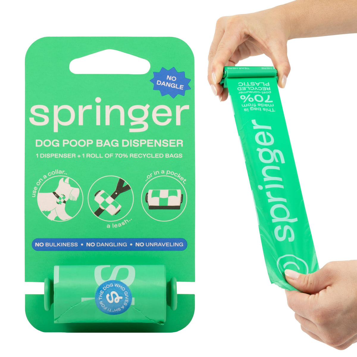 Springer Dog Poop Bag Dispenser + Roll - Springer Green - Bags made from 70% Post-Consumer Recycled Plastic | Designed with Easy-Open Tabs | Minimal Poop Bag Holder - No Dangle