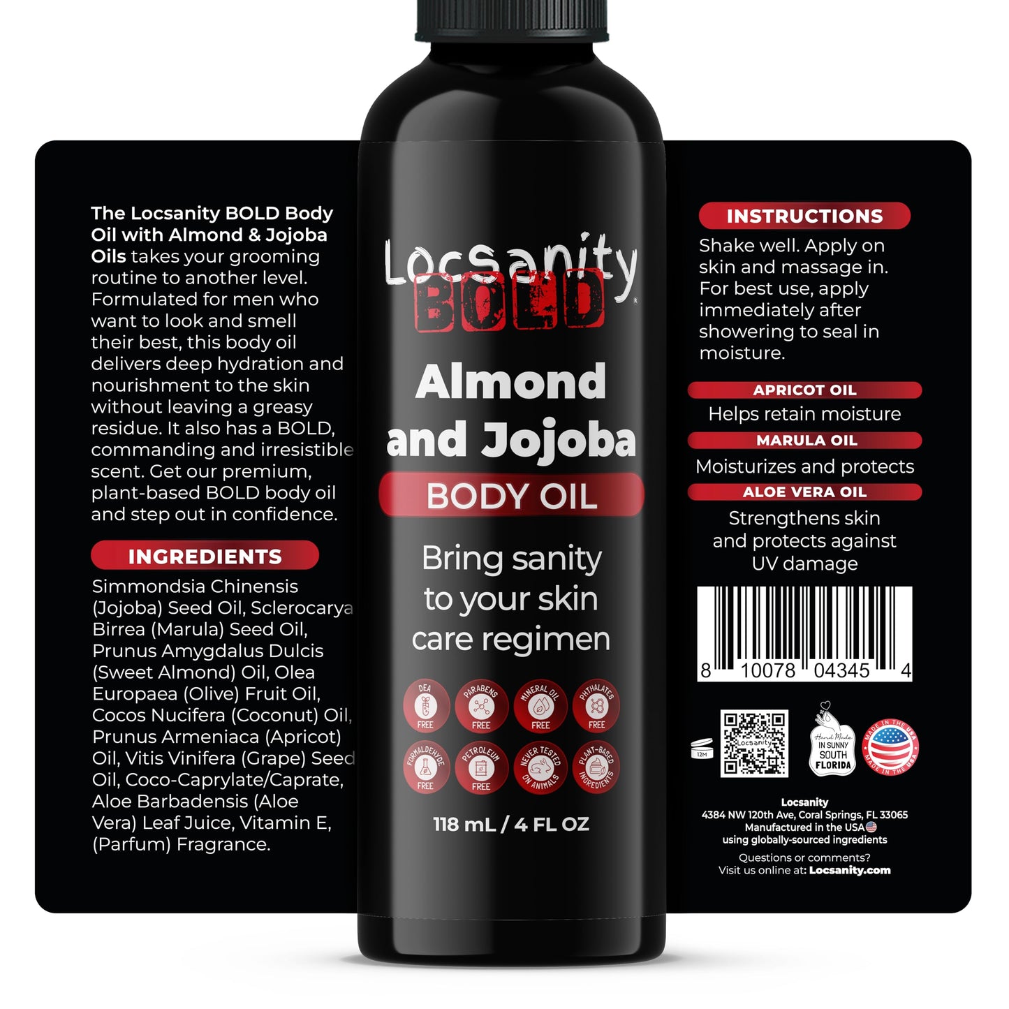 Locsanity Men's Body Oil, Jojoba Seed, Sweet Almond, Extra Virgin Olive, Coconut, Apricot Seed, Grapeseed, Marula, Aloe Vera 4oz
