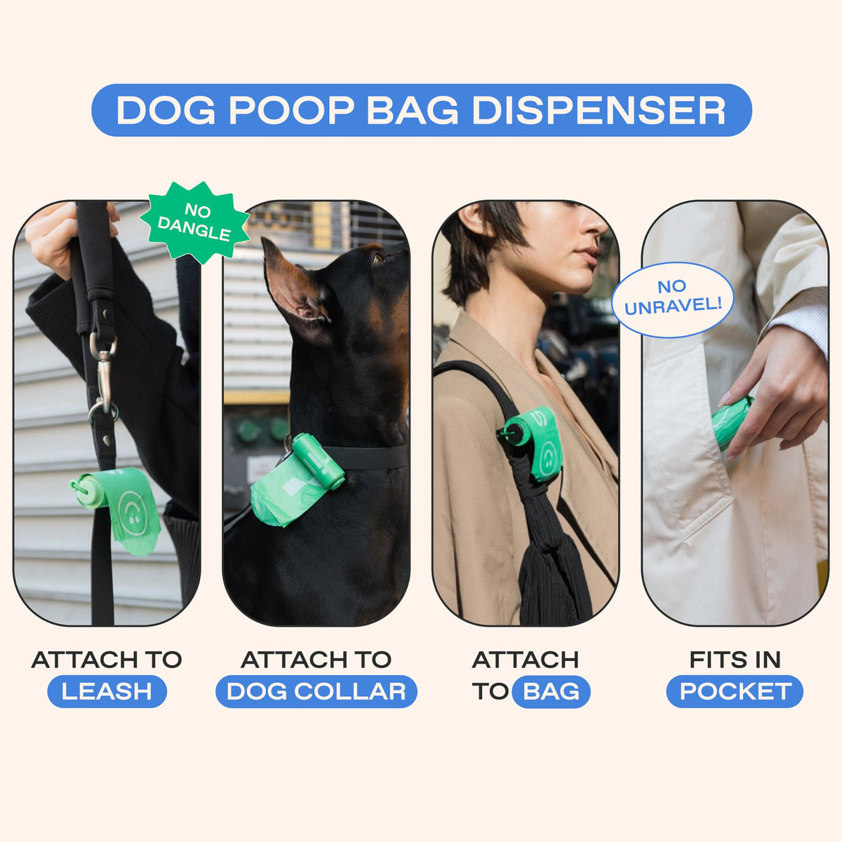 Springer Dog Poop Bag Dispenser + Roll - Springer Green - Bags made from 70% Post-Consumer Recycled Plastic | Designed with Easy-Open Tabs | Minimal Poop Bag Holder - No Dangle