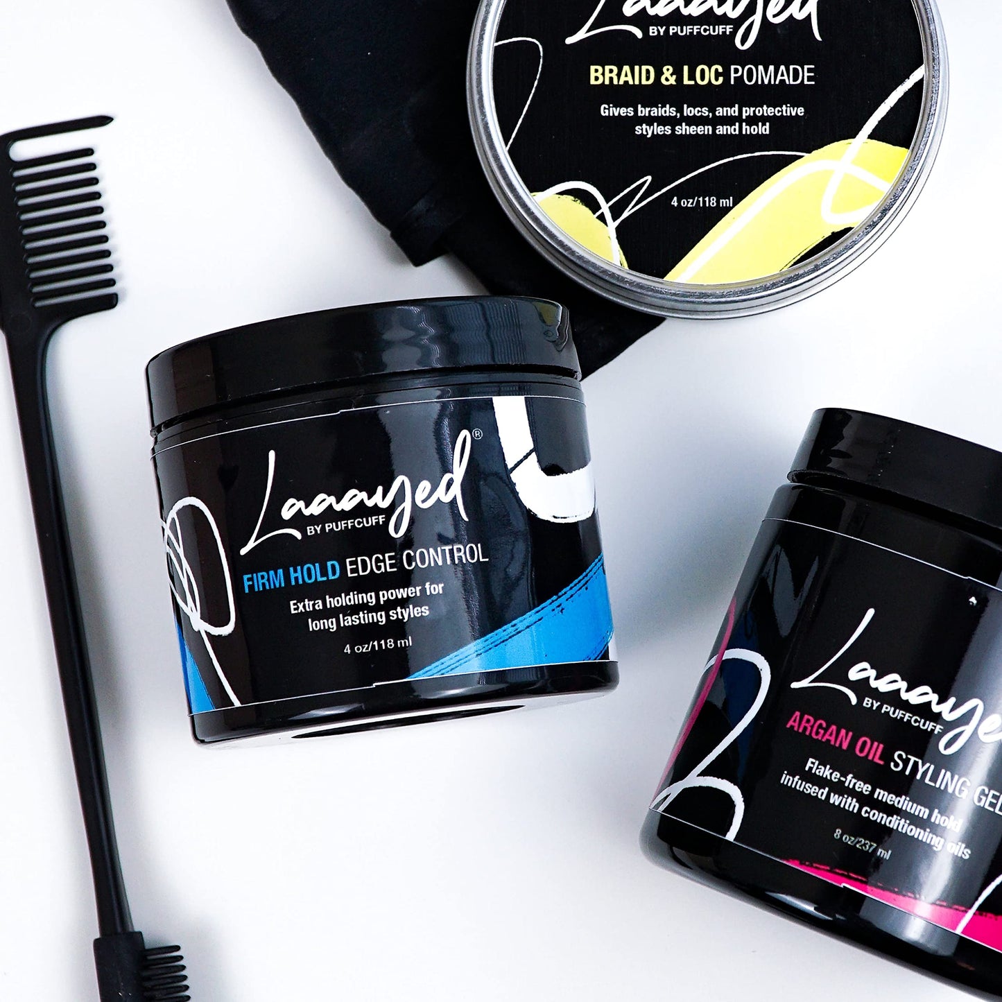 PuffCuff | LAAAYED® Edge Protection Hair Kit | Styling Pomade & Gel | For Natural, Curly, Thick, Coiled, Coarse, Frizzy Hair | Extreme Hold & Frizz-Free Braids and Locs | For Men and Women | 4 Pieces