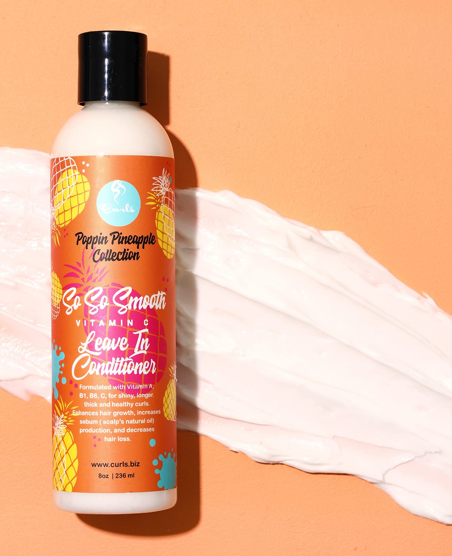 Curls Poppin Pineapple So So Smooth Vitamin C Leave In Conditioner - Conditions & Softens Hair - For Wavy, Curly, and Coily Hair Types, 8 Ounces