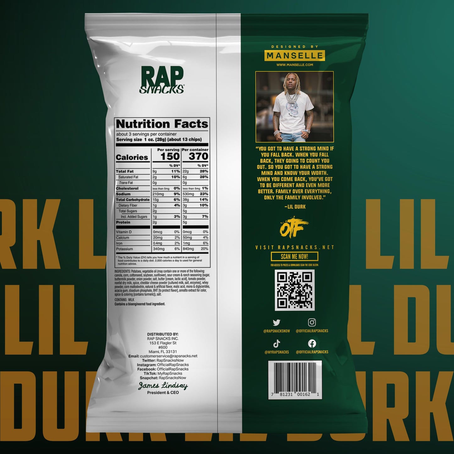 Rap Snacks Lil Durk Buttermilk Ranch Wavy Potato Chips 2.5 Oz Bags - Pack of 12