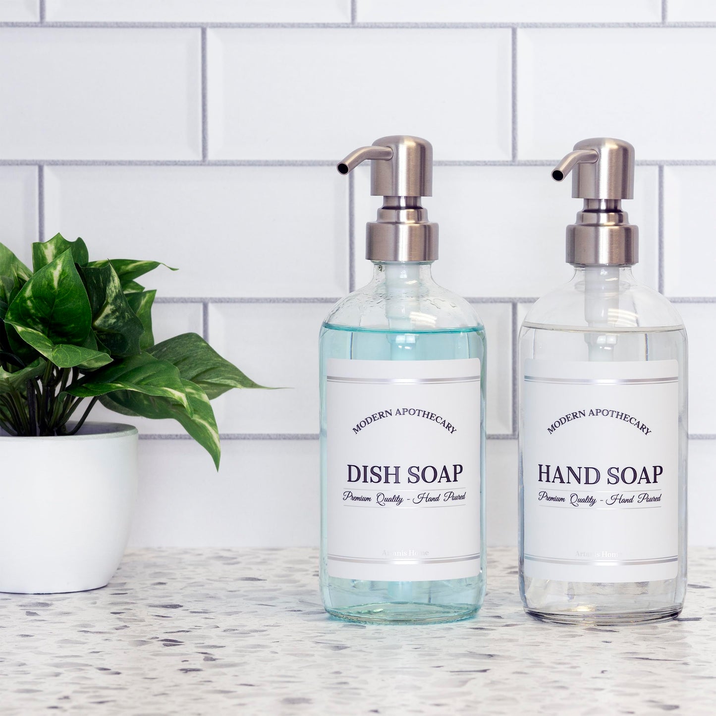 Artanis Home Clear Refillable Hand and Dish Soap Dispenser Set with Pumps for Kitchen Sink - Glass Boston Round Soap Bottles - Waterproof Labels - 16 oz - 2 Pack