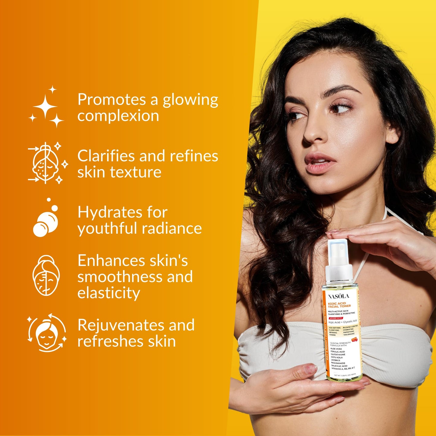 Nasola Kojic Acid Facial Toner Skin Clarifying and Hydrating Mist Spray with Glycolic Acid, Niacinamide, Licorice, Glutathione, Vitamin C, Salicylic Acid, Aloe Vera, and Gotu Kola - 3.38 Fl Oz