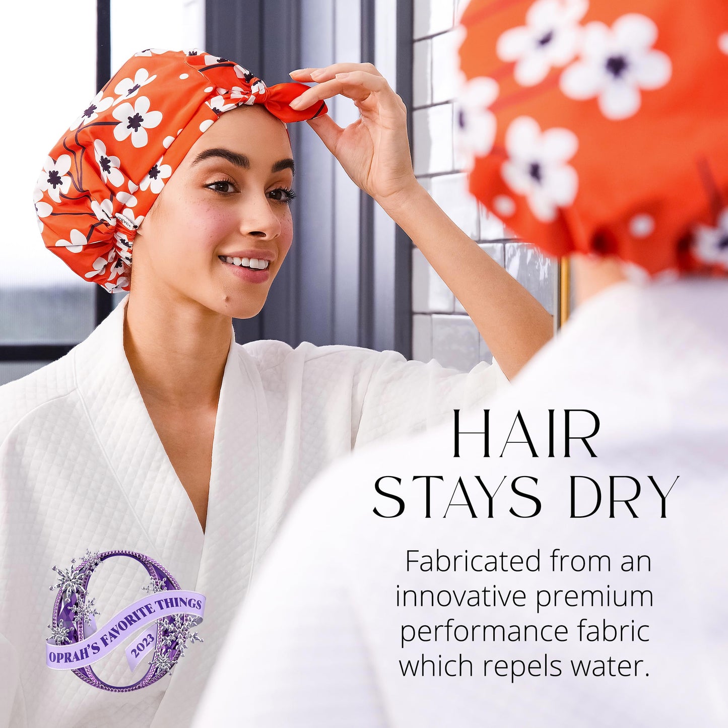 GRACE & COMPANY Luxury Shower Cap For Women - 100% Waterproof, Reusable, Washable & Breathable Shower Caps - Clementine