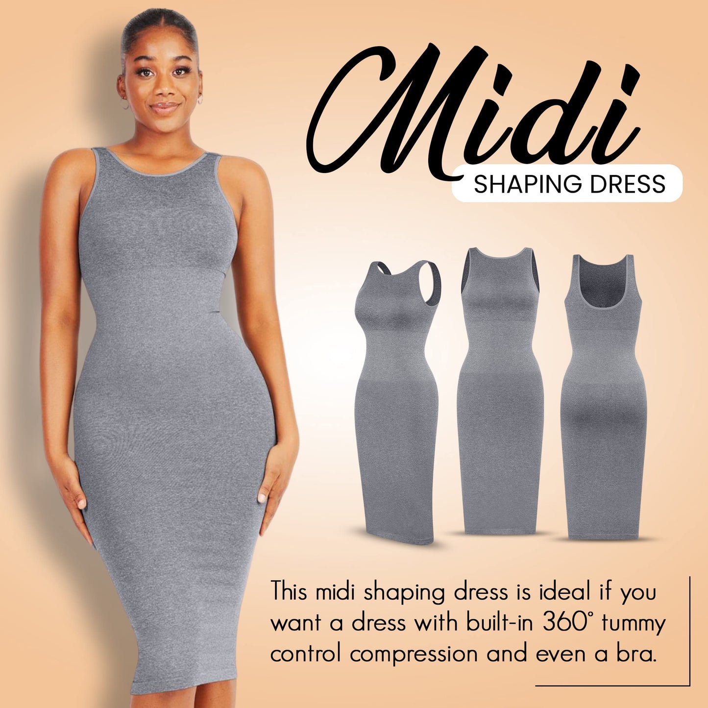 Dresses for Women 2023 Tummy Control Shapewear I Midi Sleeveless High Neck Sculpting Dress Body Shaper (Gray - M/L)