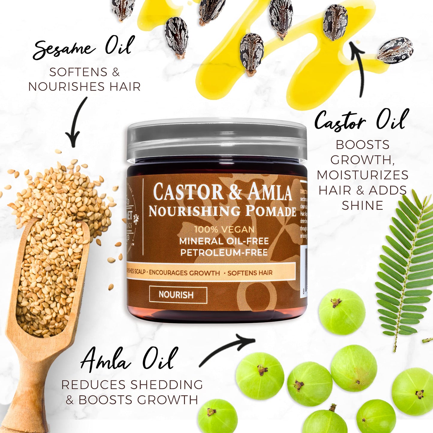 Qhemet Biologics Castor & Amla Nourishing Pomade - Vegan Pomade and Scalp Conditioner with Castor Oil and Amla - Adds Softness, Pliability & Sheen to Locs, Cornrows, Twists & Loose Hair (4 oz)