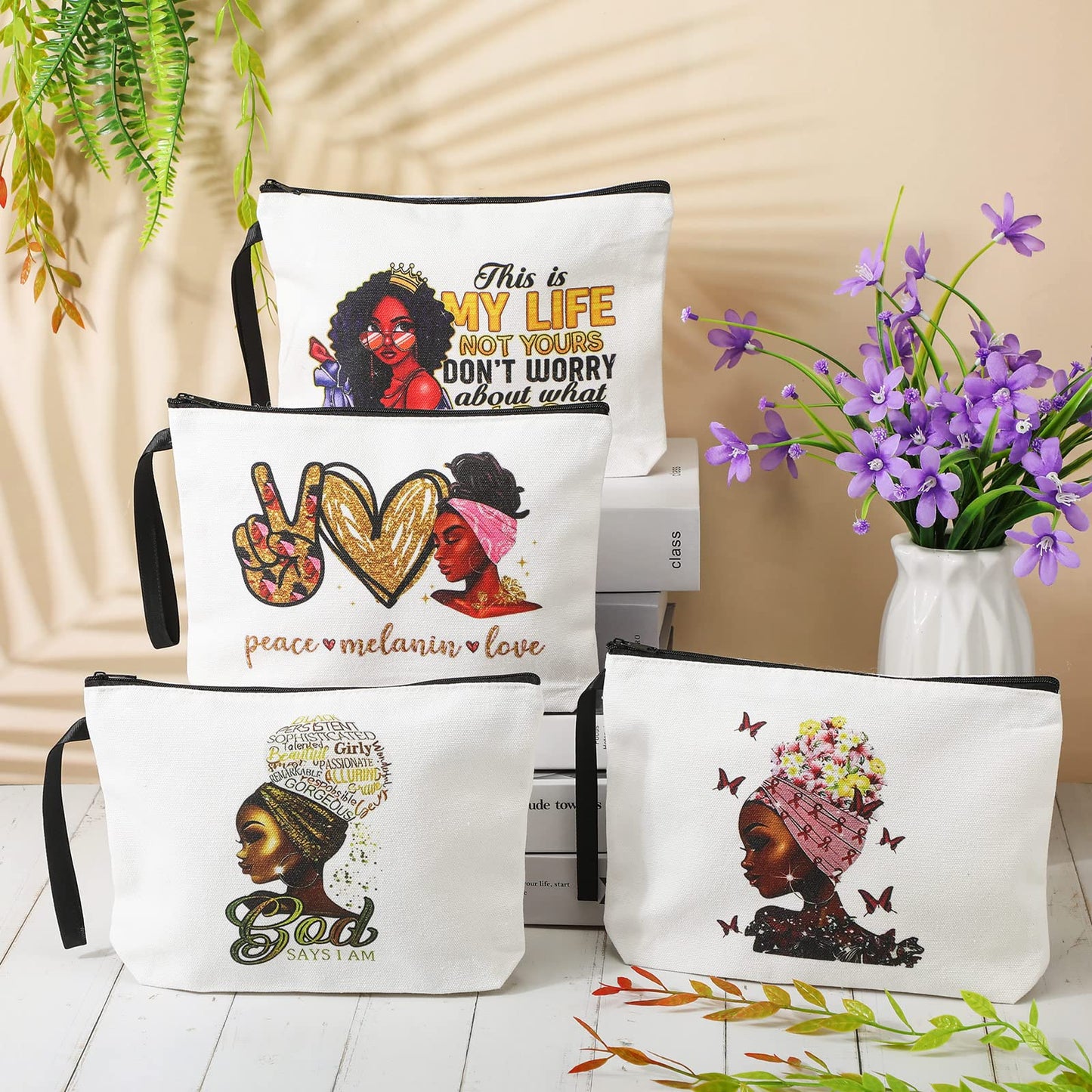 Roowest 4 Pcs African American Makeup Bag Black Women Cosmetics Bag Inspirational Gifts Travel Zippered Toiletry Bag Canvas Makeup Pouch Reusable Multi Purpose Organizer for Women Lady