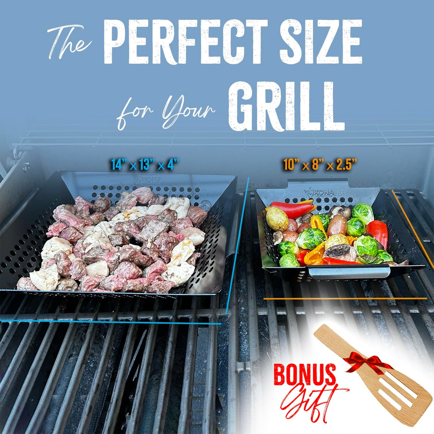 Kona Grill Grilling Basket Set - Premium Accessories for Outdoor Grill - Perfect for Veggies and More! Enhance Your BBQ Experience with this Heavy-Duty Grill Basket - Includes Bonus Gift: Wooden