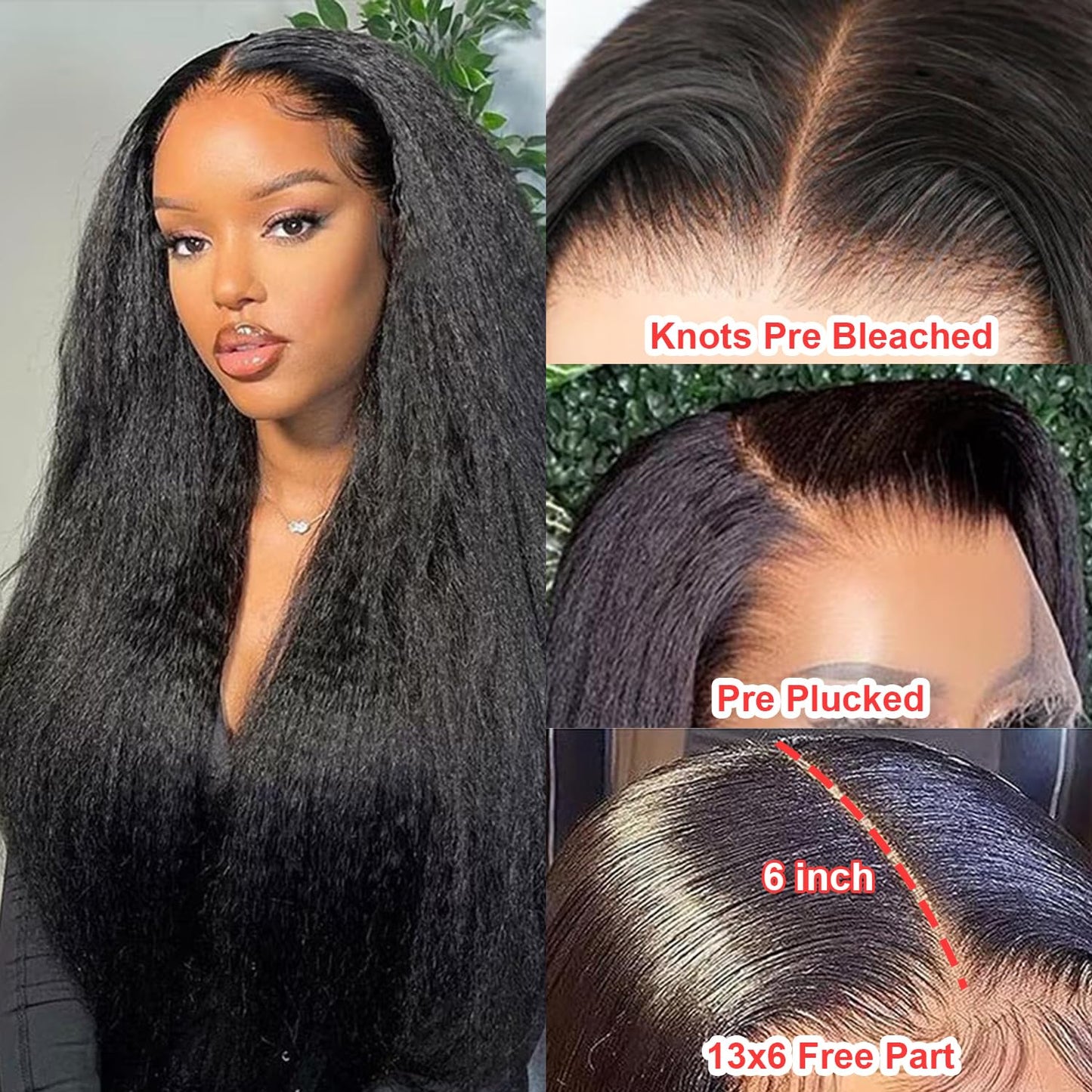 BLY Human Hair Lace Front Glueless Wigs for Women 13x6 Kinky Straight Pre Bleached Knots Yaki Human Hair Wig HD Transparent Lace Pre Plucked 180% Density Natural Black Color 24 Inch