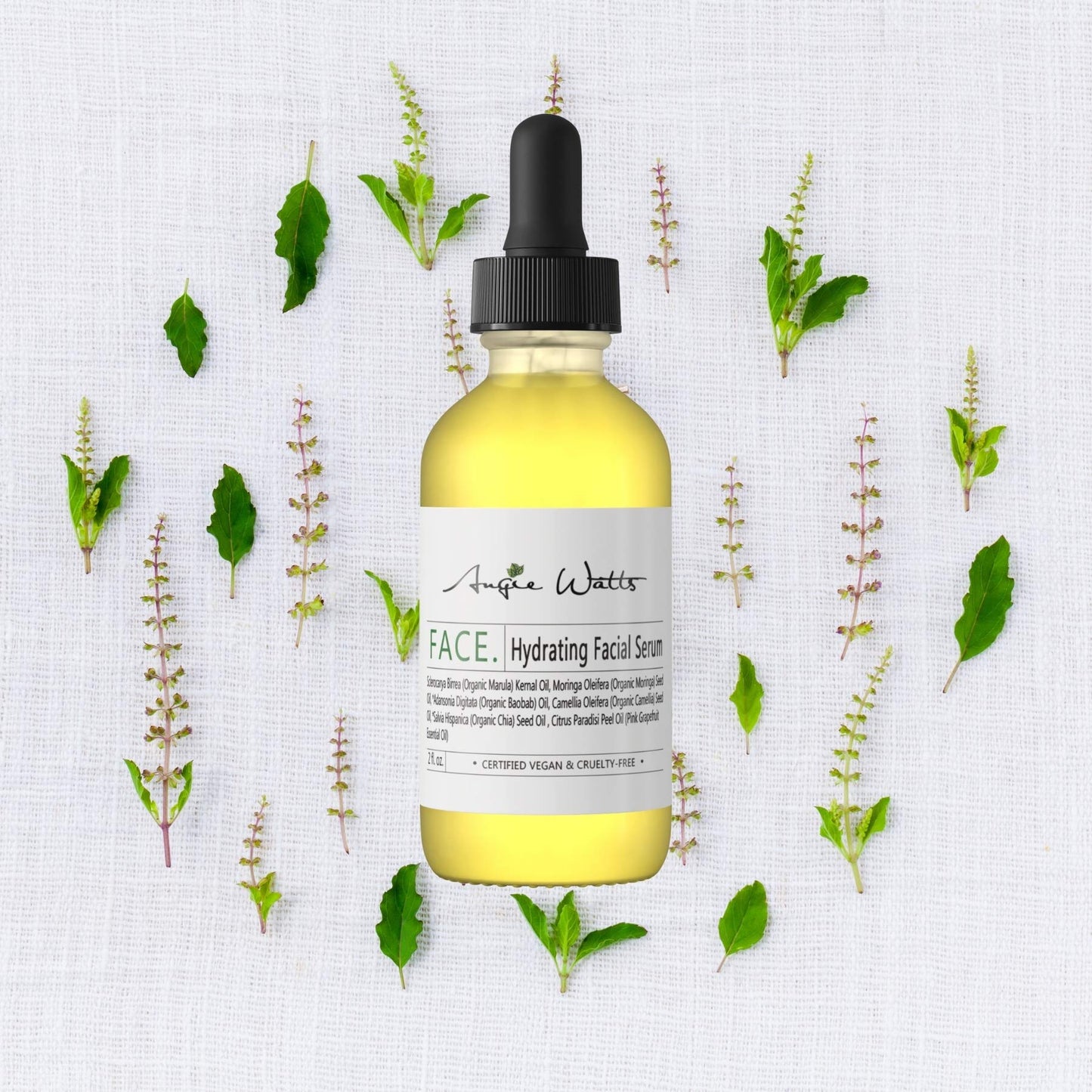 Angie Watts FACE. Hydrating Facial Serum, 2oz - All Natural and Organic Ingredients | 100% Vegan | Ultra Hydrating | Fragrance-free | Formulated with Luxury Beauty Oil, Marula