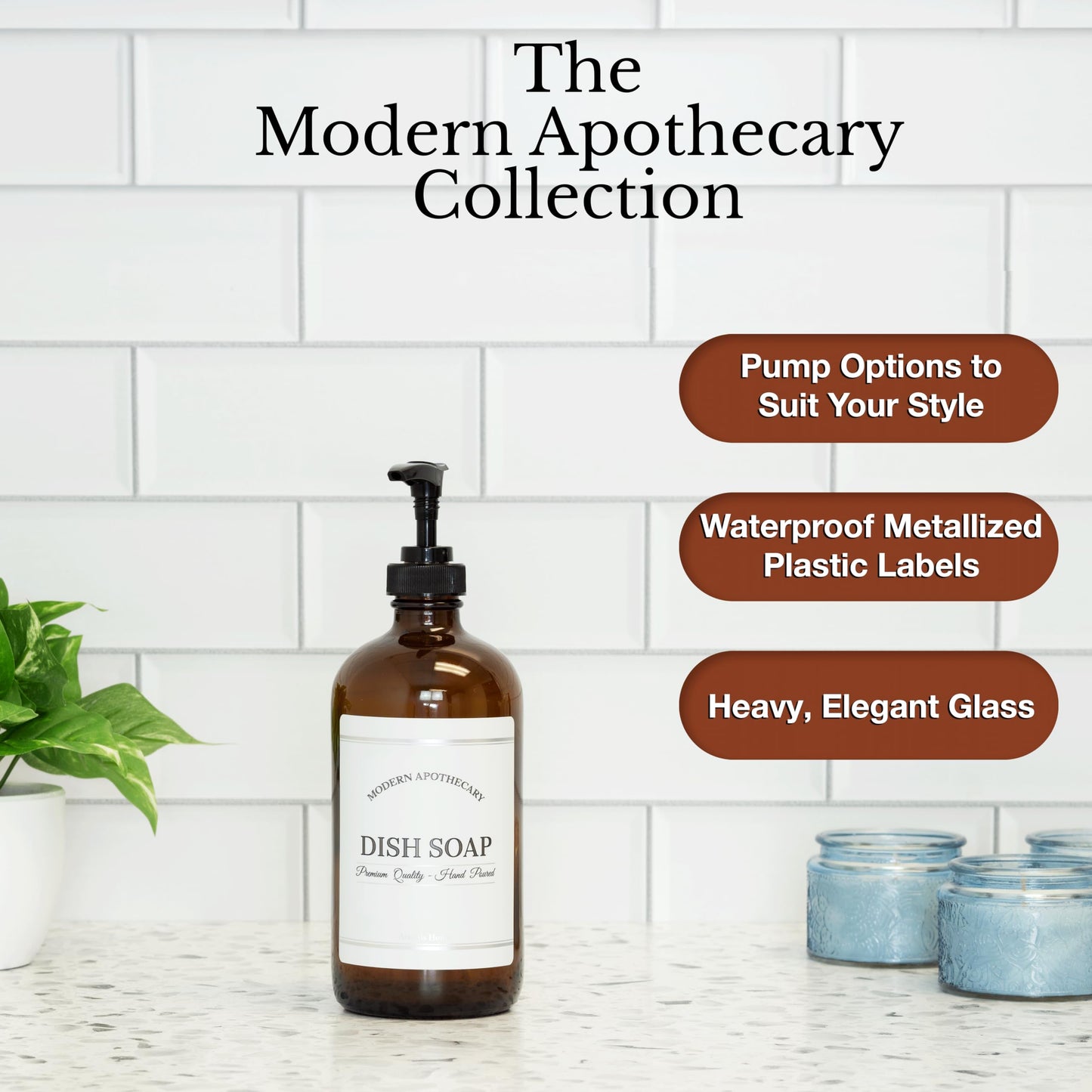 Artanis Home Amber Refillable Dish Soap Dispenser with Pump for Kitchen Sink - Glass Boston Round Dish Detergent Bottle - Waterproof Label - 16 oz