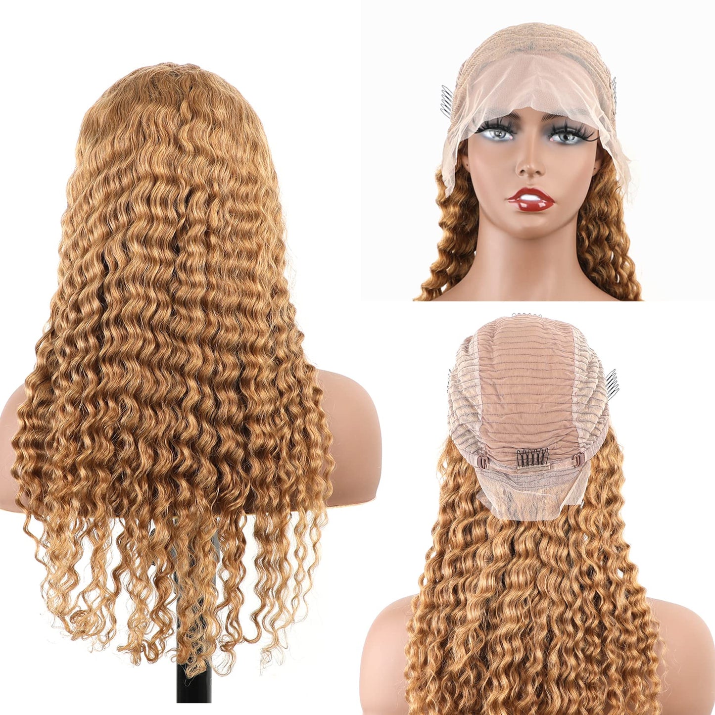 BLY Light Brown Colored 10A Human Hair Blonde Wig Lace Front for Women 13x4 HD Transparent Pre Plucked Deep Wave Curly Glueless Wigs 180% Density #27 Color 20 Inch