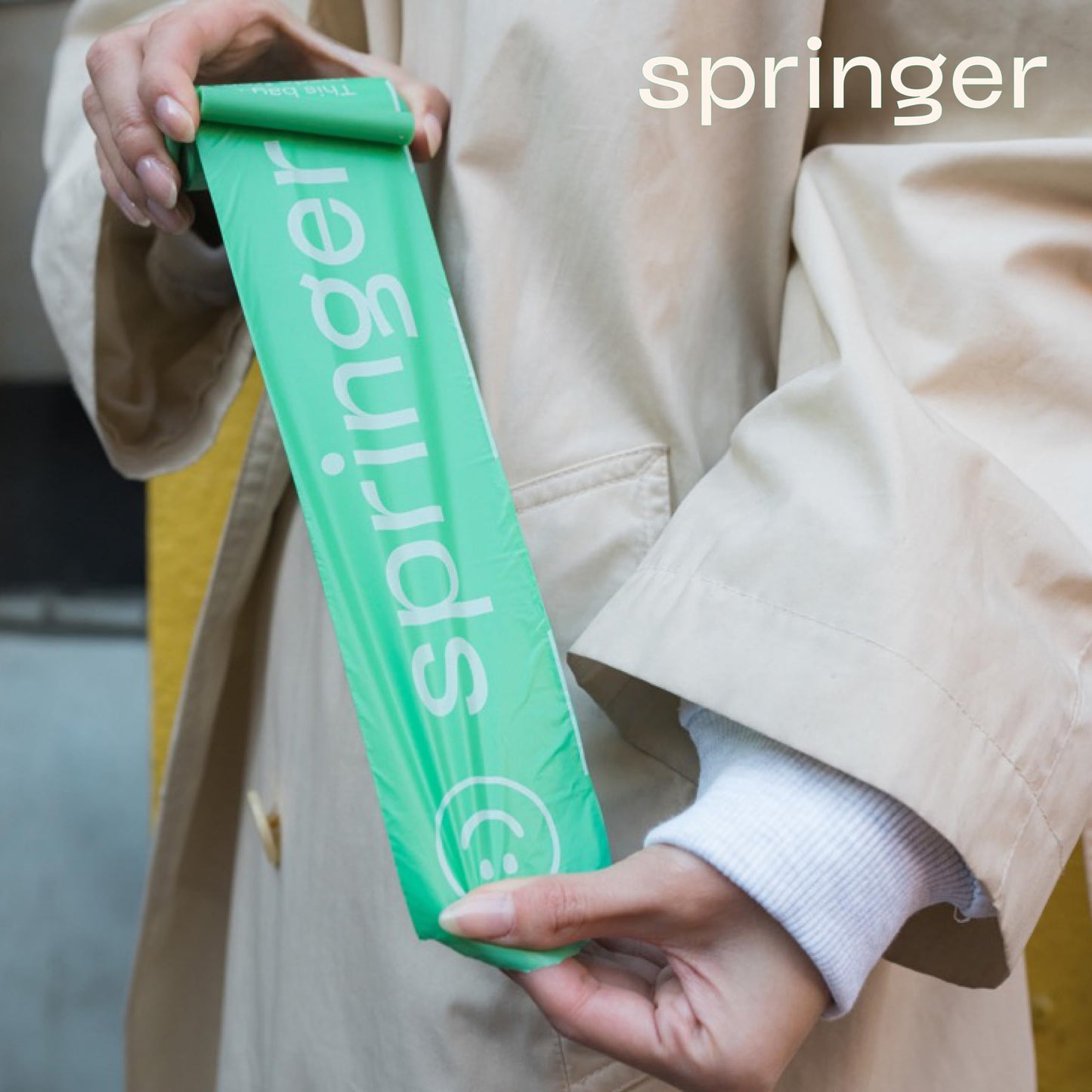 Springer Dog Poop Bag Dispenser + Roll - Springer Green - Bags made from 70% Post-Consumer Recycled Plastic | Designed with Easy-Open Tabs | Minimal Poop Bag Holder - No Dangle