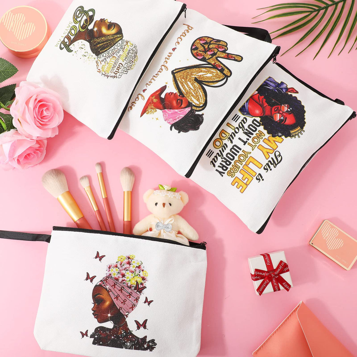 Roowest 4 Pcs African American Makeup Bag Black Women Cosmetics Bag Inspirational Gifts Travel Zippered Toiletry Bag Canvas Makeup Pouch Reusable Multi Purpose Organizer for Women Lady
