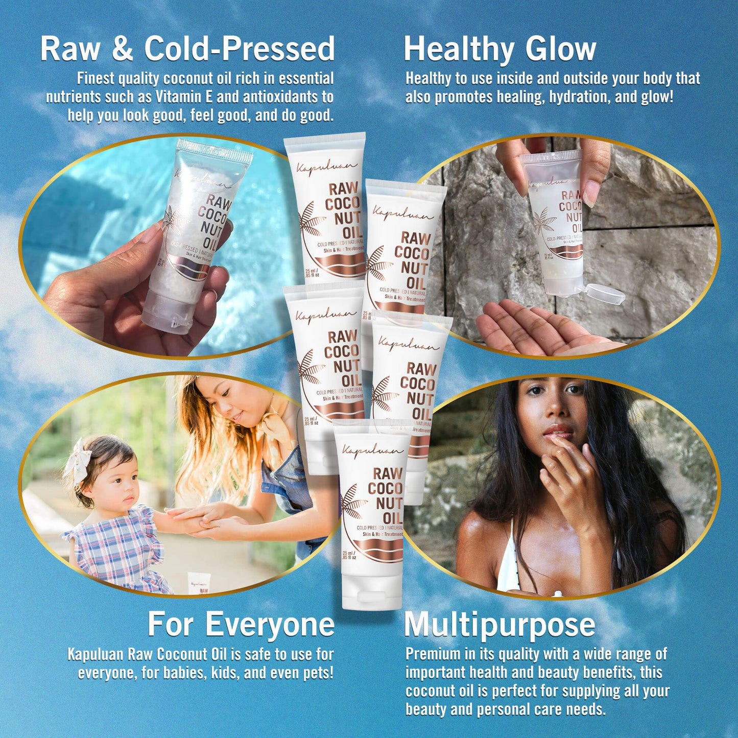 Kapuluan Coconut Oil for Hair, Skin - Extra Virgin Cold Pressed Oil with MCTs for Body Care or Haircare, Hair Growth, Aceite de Coco Natural, Baby, Dogs, Pets Travel Mini Tube (5 x 25ml)