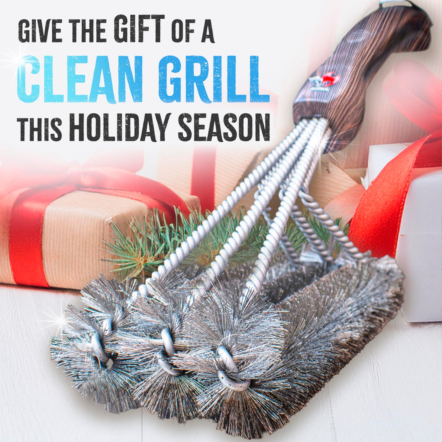 Kona 360 Clean Grill Brush - 18 inch Best BBQ Grill Brush - Wood Grain Designer Handle - Stainless Steel 3-in-1 Grill Cleaner Provides Effortless Cleaning