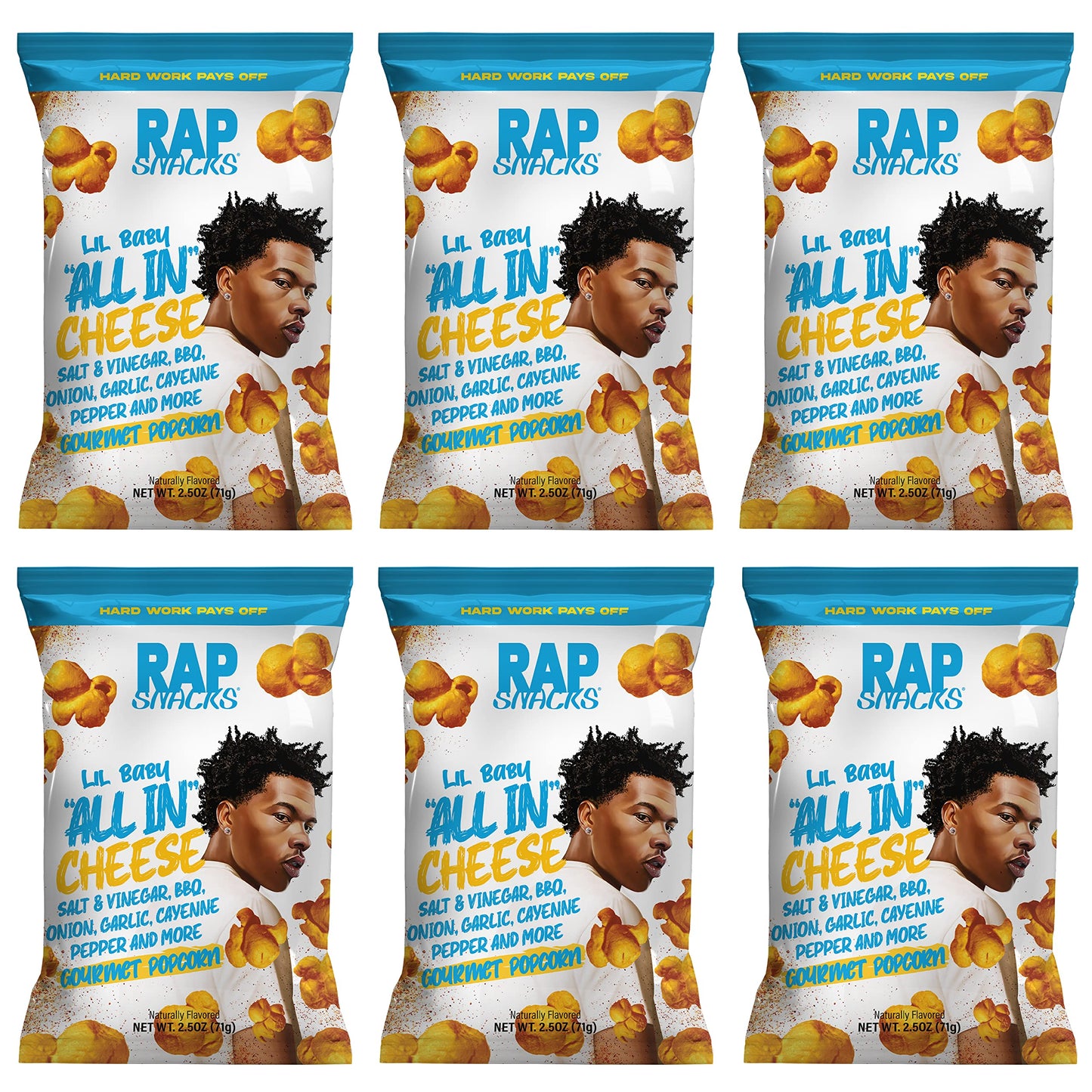 Rap Snacks Lil Baby All In Cheese Popcorn 2.5 Oz Bags - Pack of 6