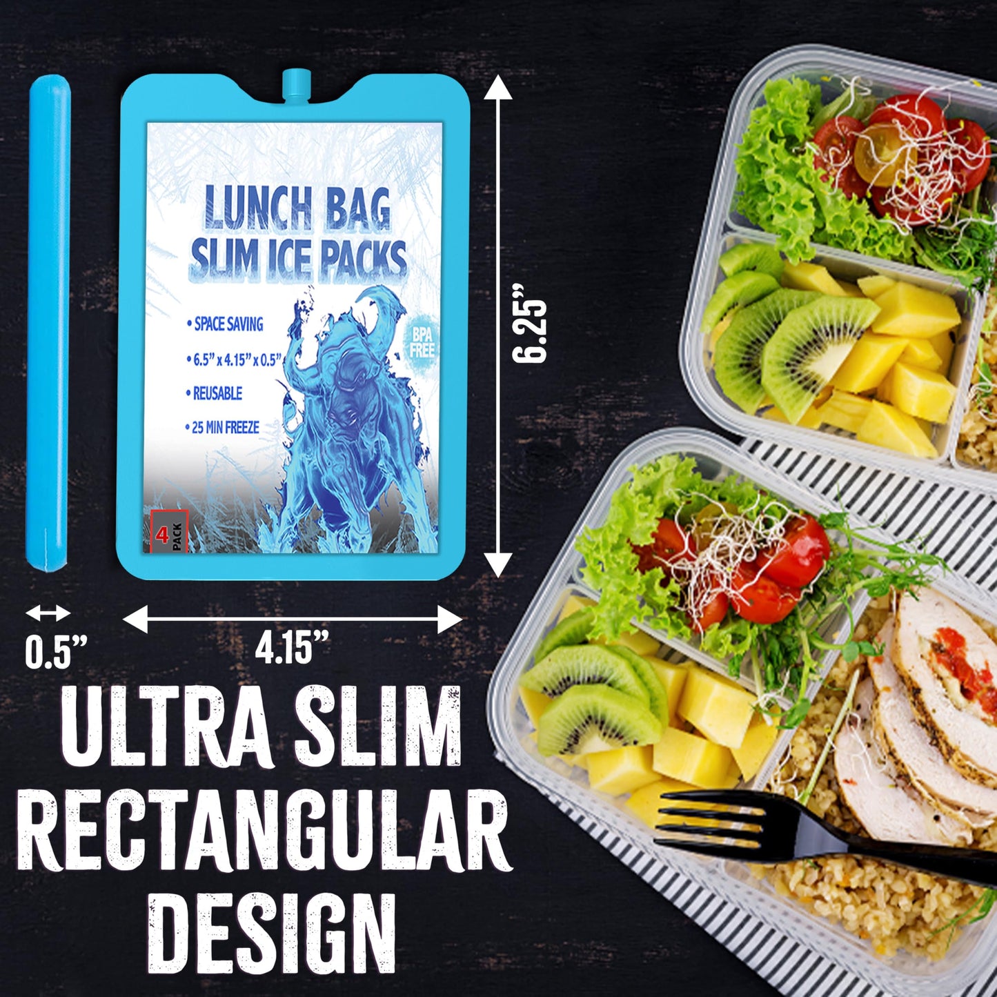 Kona Ice Packs for Lunch Boxes - No Ice Bags Required - Reusable Long Lasting Cooler Ice Packs (-5C) Small Thin Freezer Packs - Freezes in 25 Minutes (Set of 4)