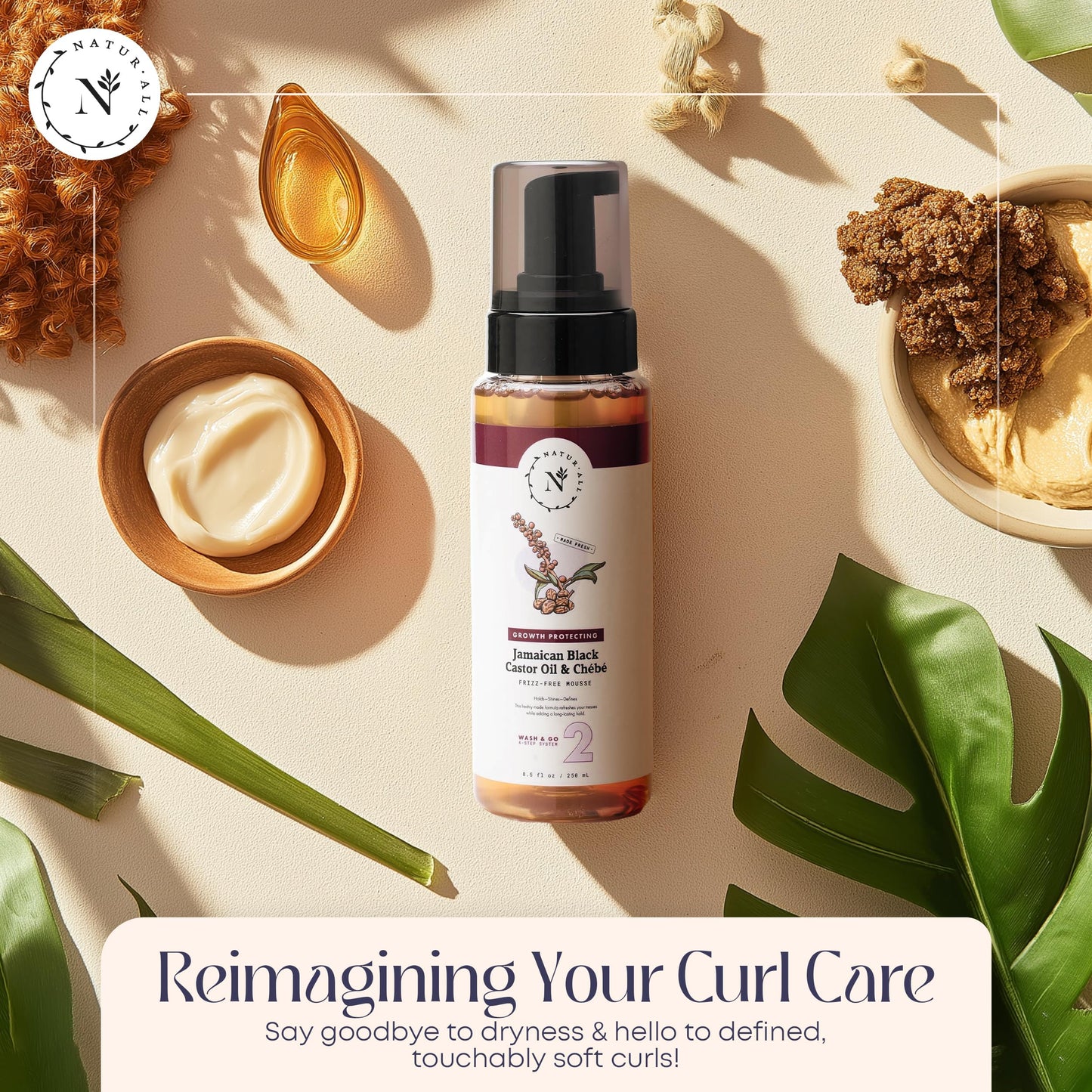 NaturAll Jamaican Black Castor Oil & Chebe Curly Hair Mousse - Sulfate-Free, Lightweight Anti-Frizz Styling Foam for Defined Curls, Long-Lasting Hold & Enhanced Shine (8.5 Oz)