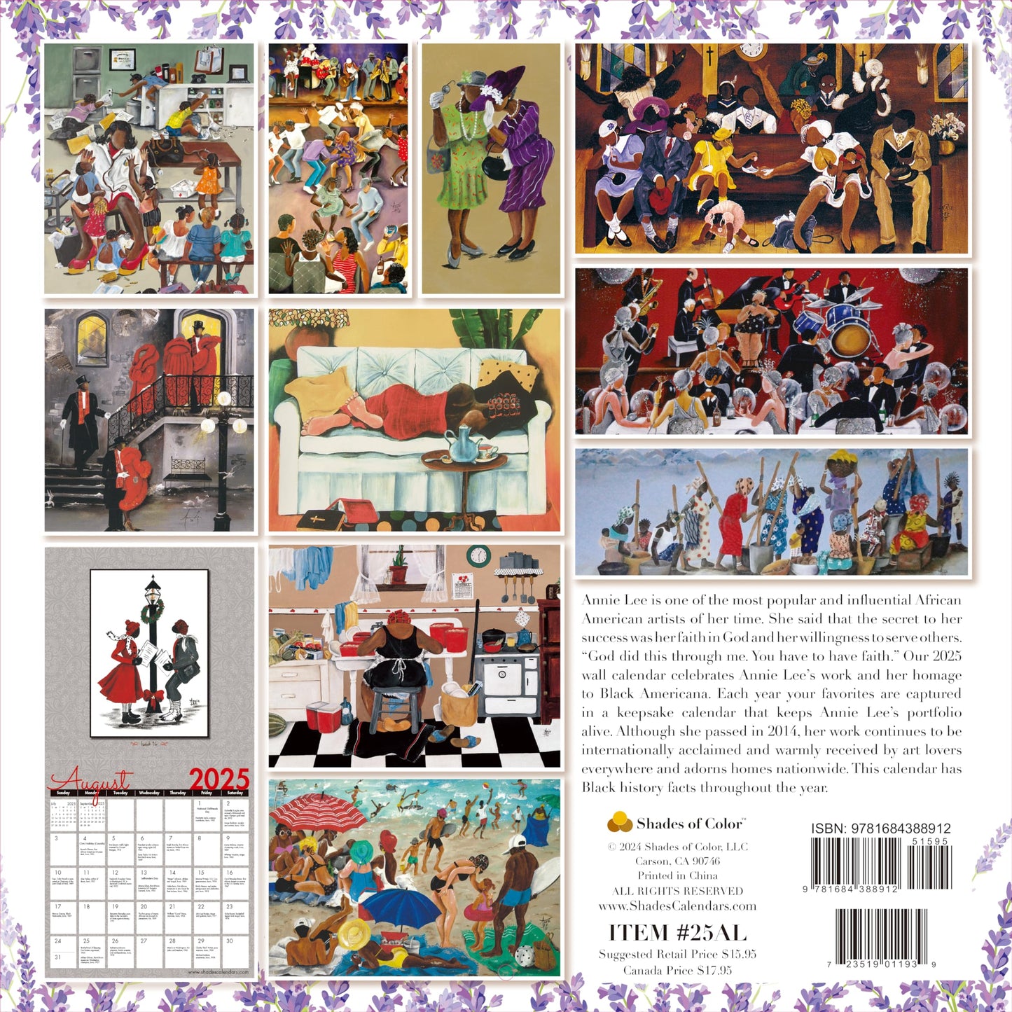2025 African American Monthly Wall Calendar, Shades of Color: the Art of Annie Lee, Highlighting Black Culture through Beautiful Art, 12 by 12 Inches