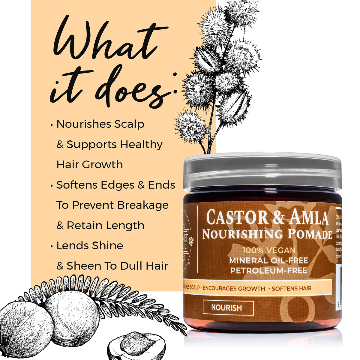 Qhemet Biologics Castor & Amla Nourishing Pomade - Vegan Pomade and Scalp Conditioner with Castor Oil and Amla - Adds Softness, Pliability & Sheen to Locs, Cornrows, Twists & Loose Hair (4 oz)