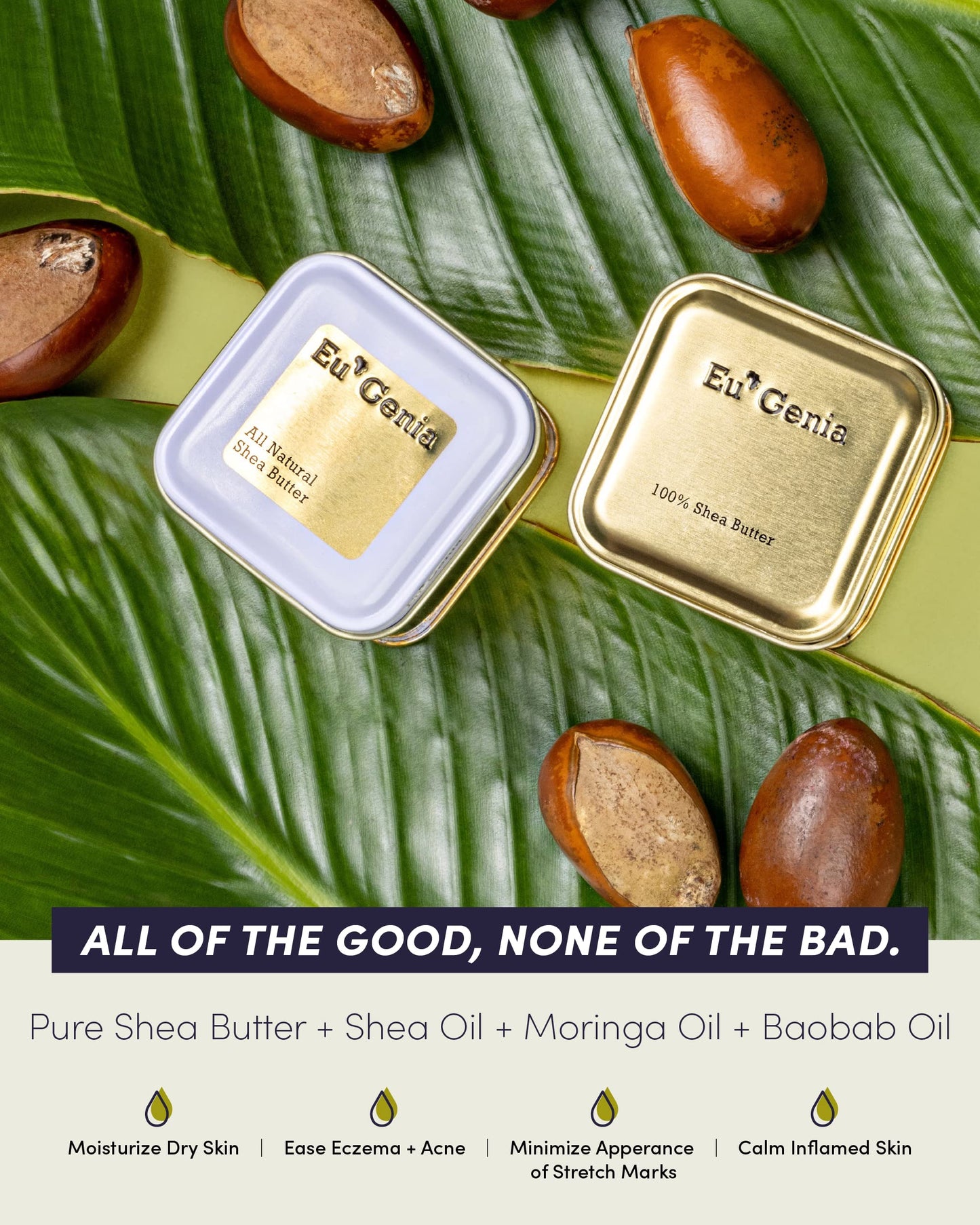 Eu'Genia Everyday Shea Butter, 100% Pure Unrefined Ghanaian Shea, Premium Face & Body Moisturizer for All Skin and Hair Types (Fragrance-Free, 2oz)