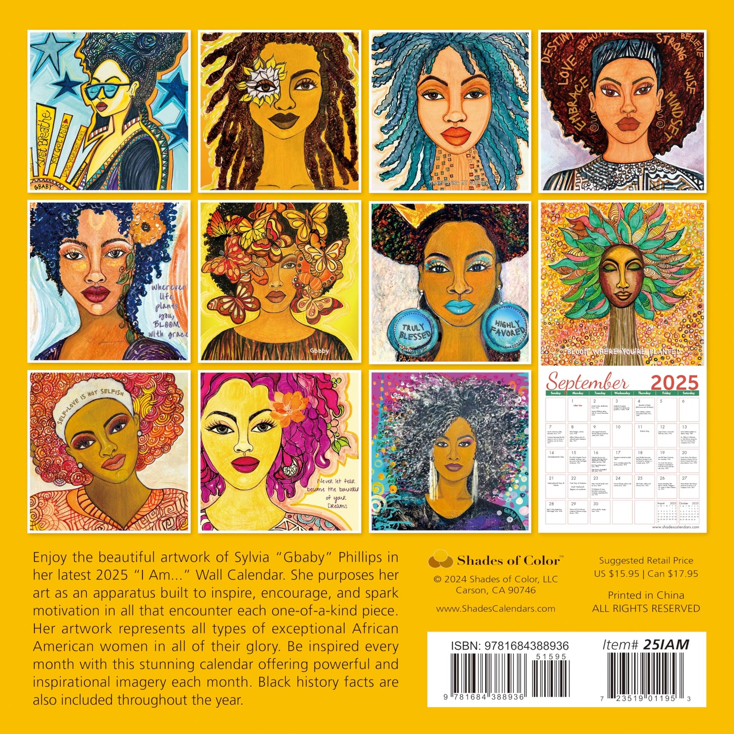 2025 African American Monthly Wall Calendar, Shades of Color: I Am, Highlighting Black Culture through Beautiful Art, 12 by 12 Inches