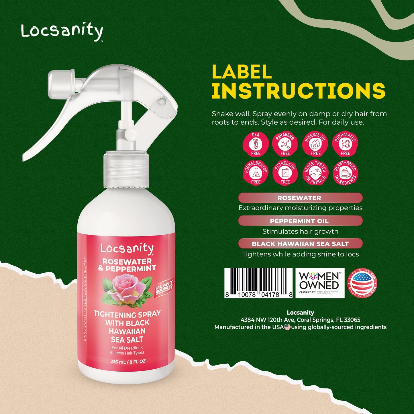Locsanity Rosewater and Peppermint Rolling, Moisturizing, Tightening Spray Mist w/ Black Hawaiian Sea Salt