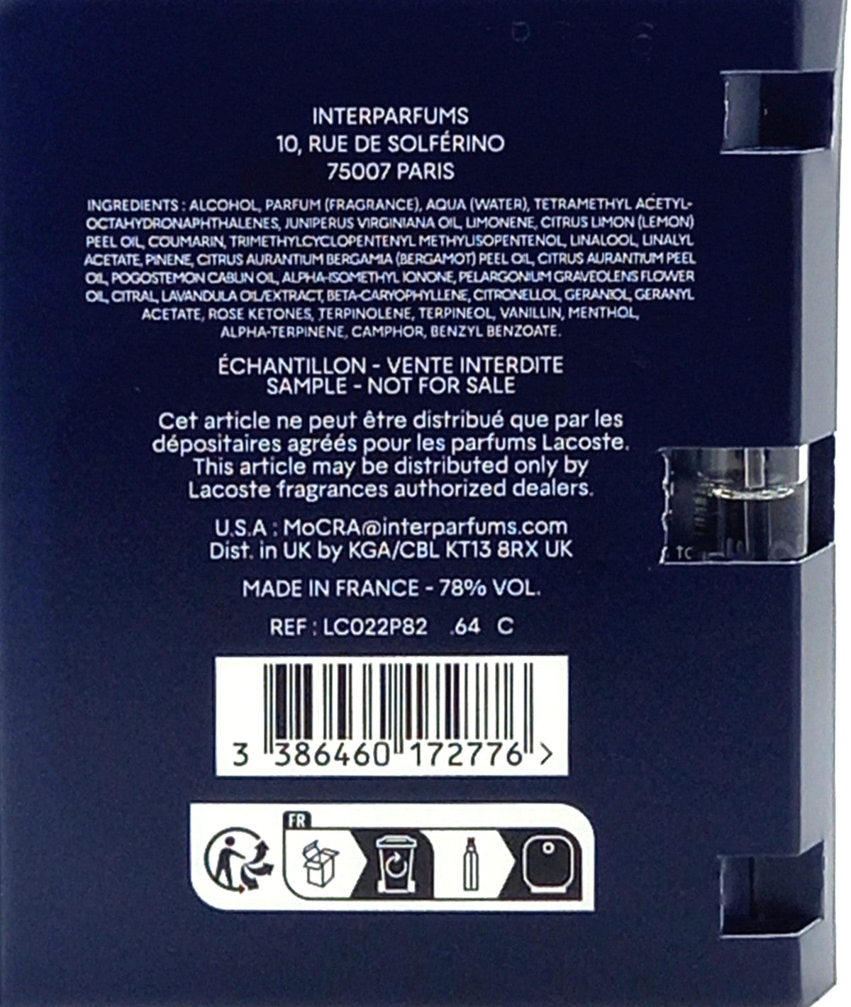 LACOSTE L.12.12 BLEU EAU DE PARFUM VIAL SPRAY FOR MEN 0.06 Oz / 2 ml TRAVEL SIZE