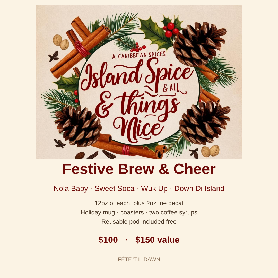 Festive Brew & Cheer holiday gift set — Caribbean wreath artwork with the four 12oz roasts listed: Nola Baby, Sweet Soca, Wuk Up, Down Di Island